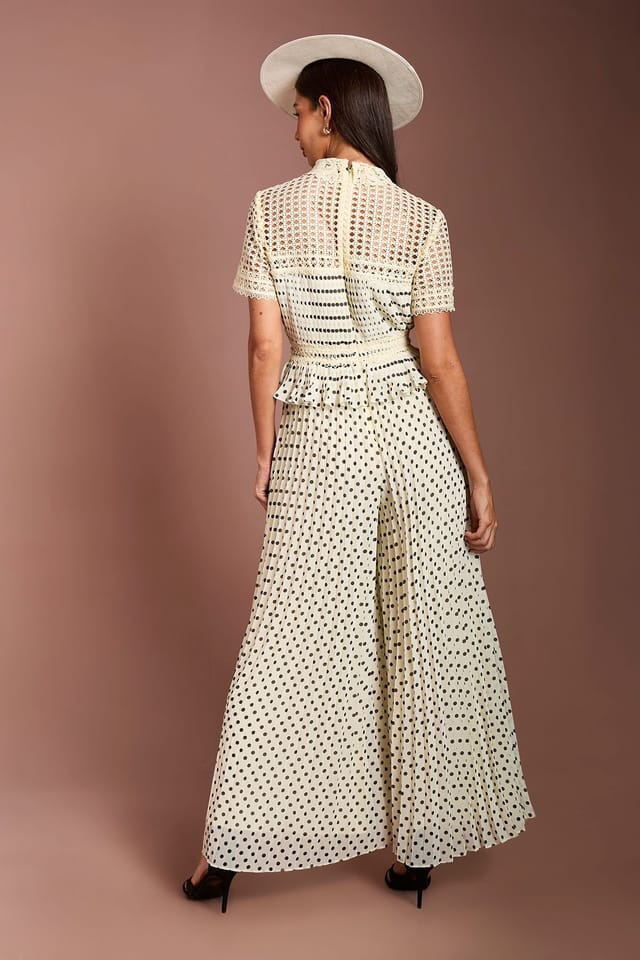 Coast Coast Women's Lisa Tan Lace Collar Polka Dot Pleated Trouser Jumpsuit in Ivory - 3