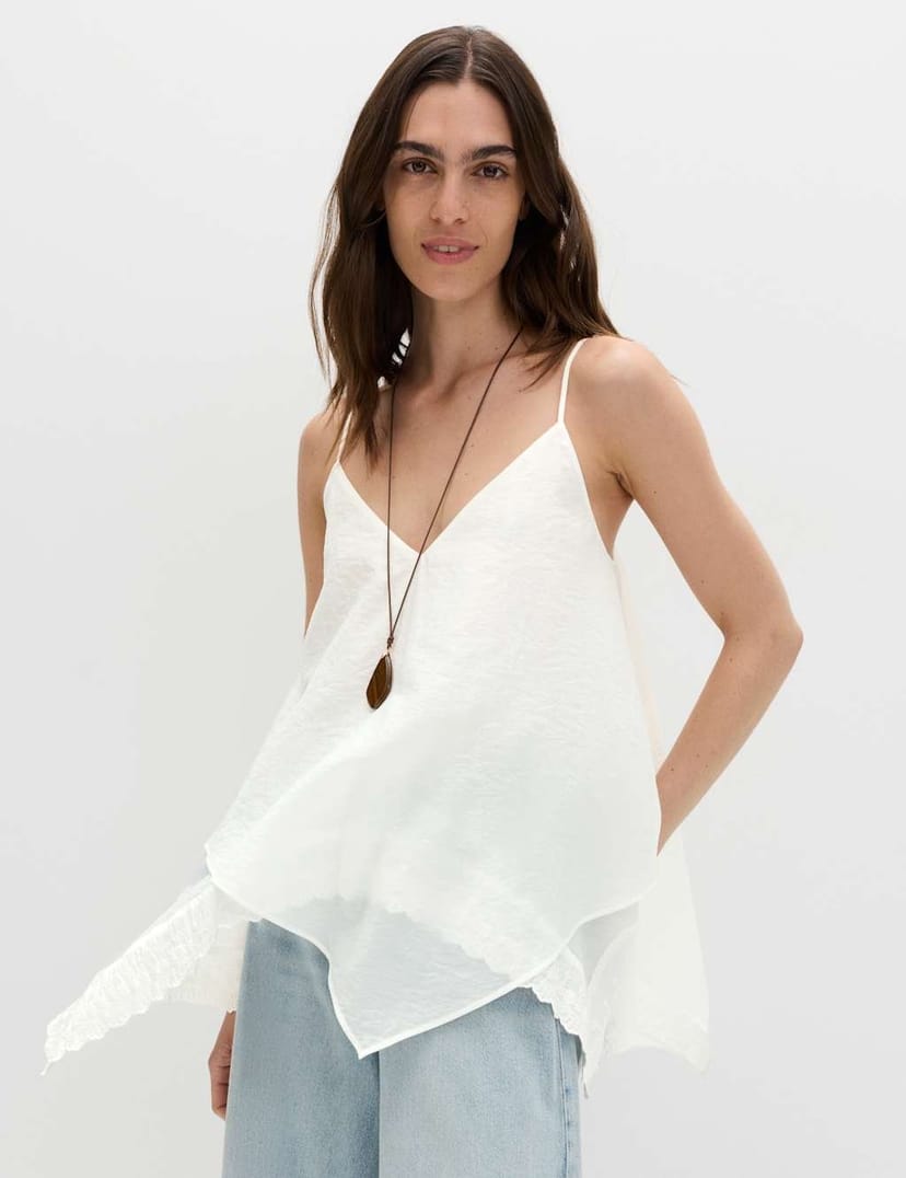 Marks & Spencer M&S Asymmetric Embroidered V-Neck Cami Top Soft White - 1