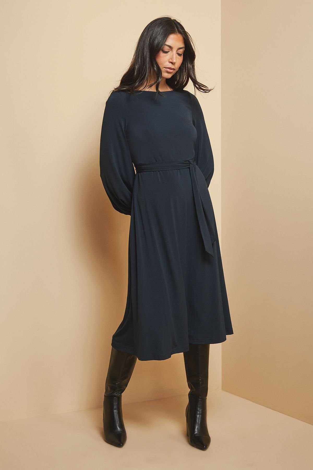 Wallis Wallis Women's Jersey Belted Midi Dress in Navy