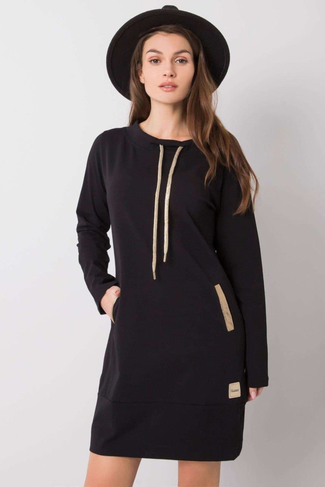 Love Lace Love Lace Black Long Sleeve Cotton Dress with Slip Pockets