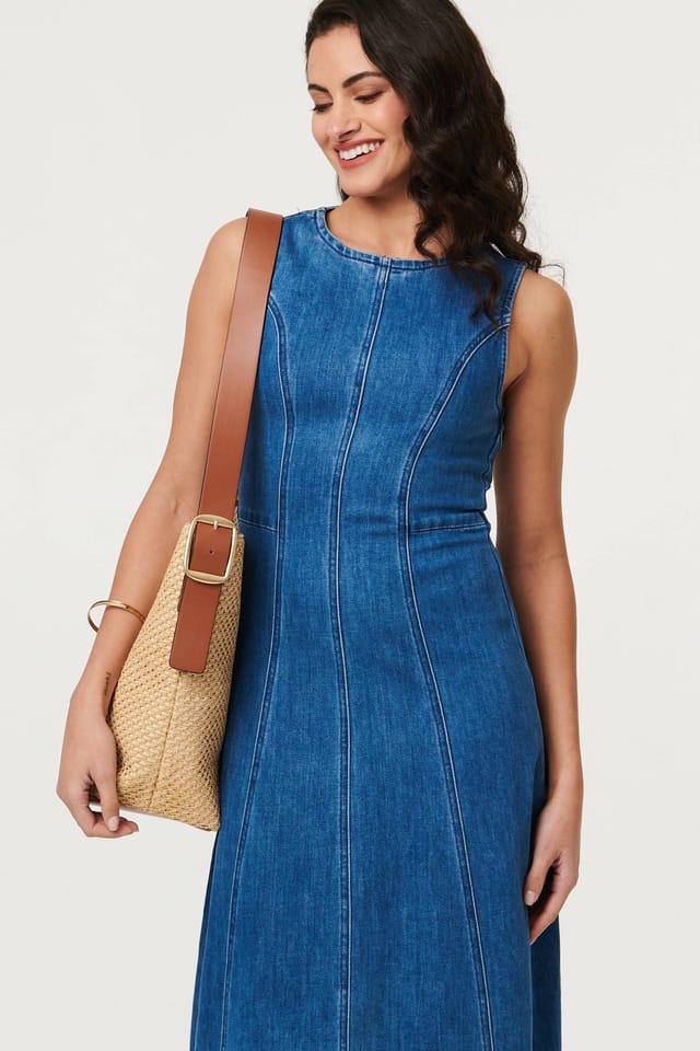 Izabel London Izabel London Women's Denim Stitch Detail Fitted Midi Dress in Blue - 2