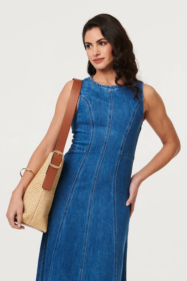 Izabel London Izabel London Women's Denim Stitch Detail Fitted Midi Dress in Blue - 3