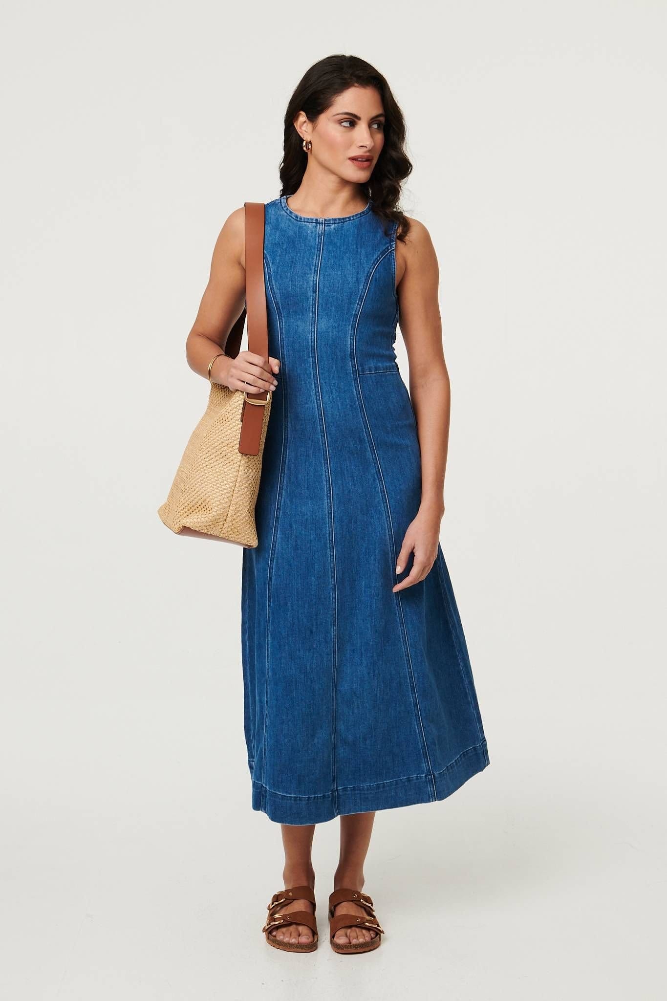 Izabel London Izabel London Women's Denim Stitch Detail Fitted Midi Dress in Blue - 4
