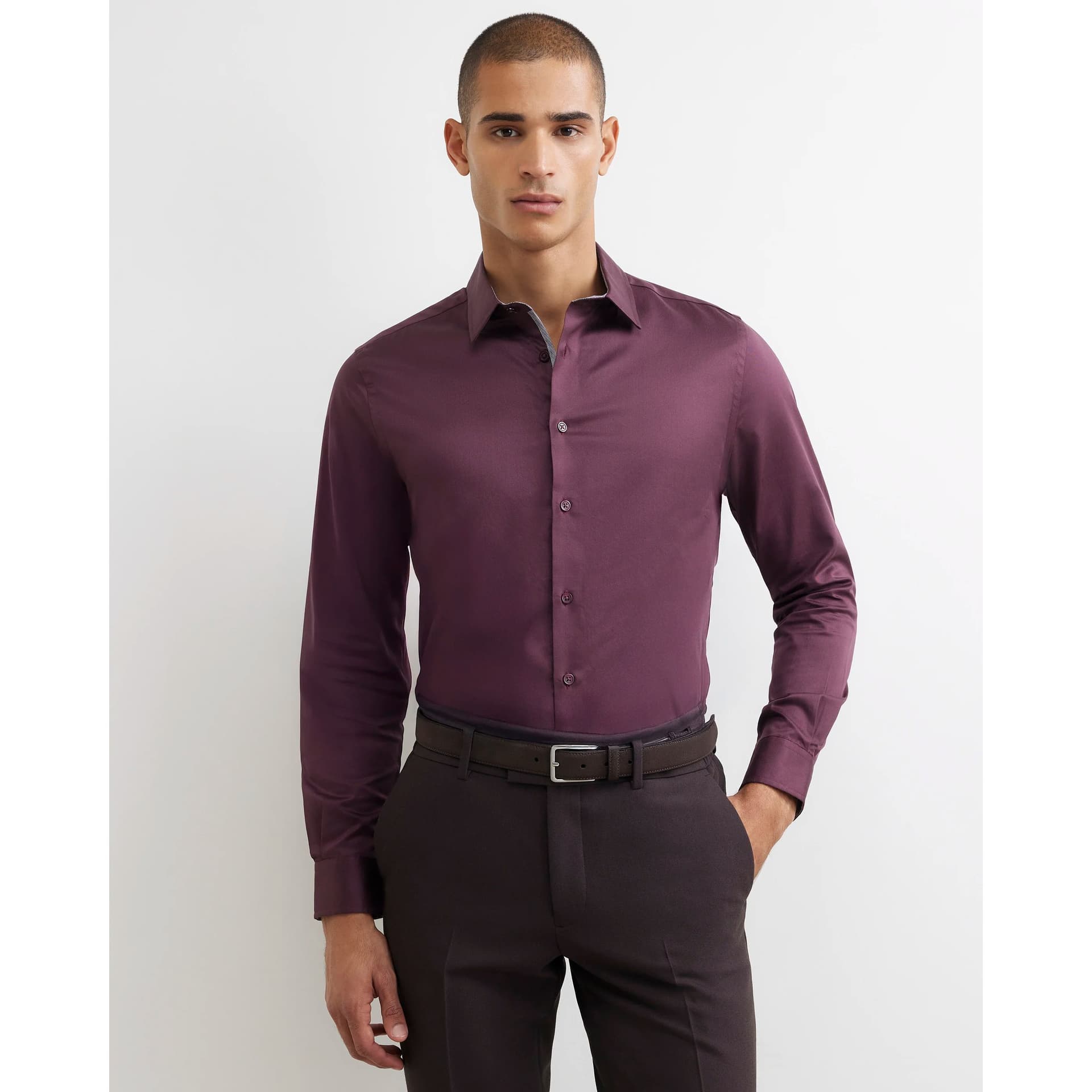 River Island Mens River Island Burgundy Slim Fit Twill Shirt