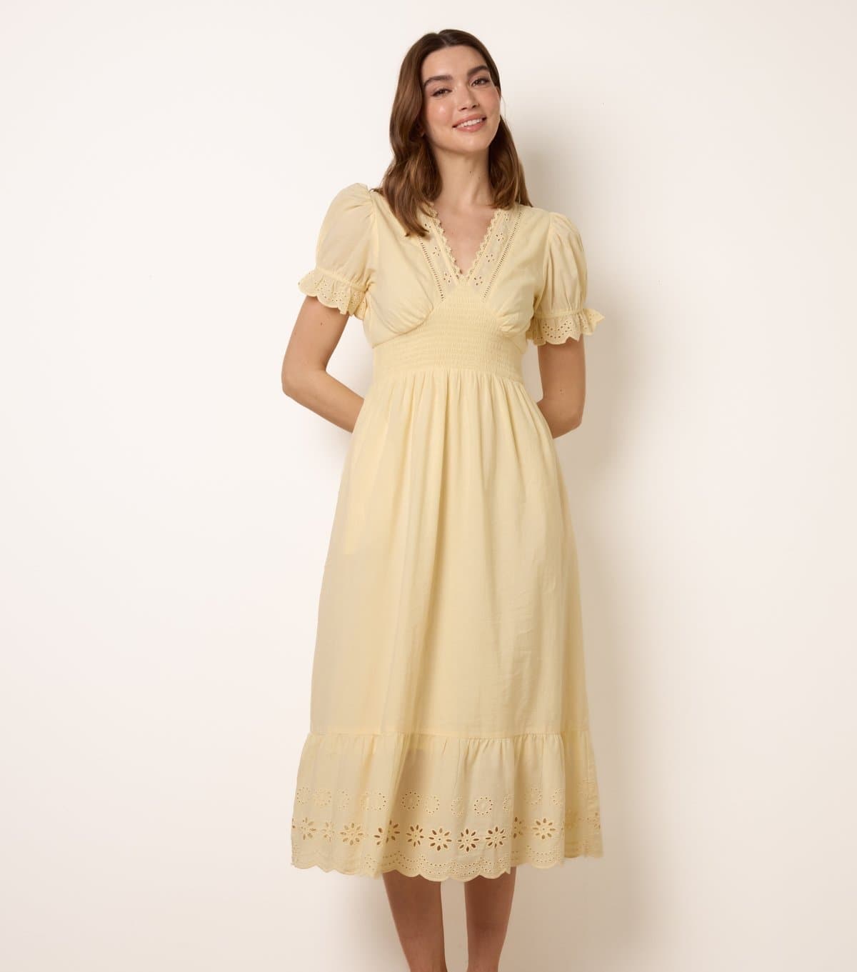 Blue Vanilla Women's Light Yellow Cotton Broderie Anglaise Midi Dress Blue Vanilla New Look