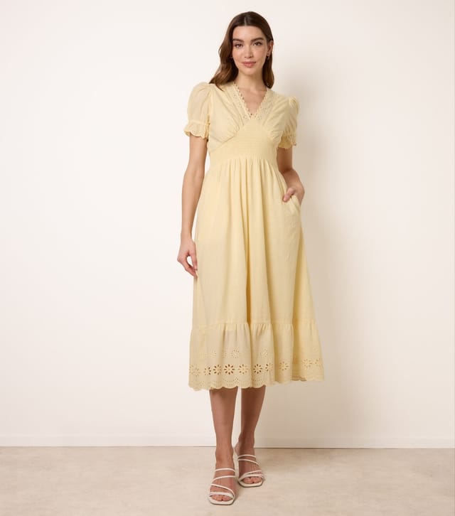 Blue Vanilla Women's Light Yellow Cotton Broderie Anglaise Midi Dress Blue Vanilla New Look - 2