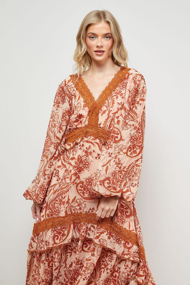 Oasis Oasis Women's Printed Lace Detail Volume Boho Maxi Dress in Floral - 2