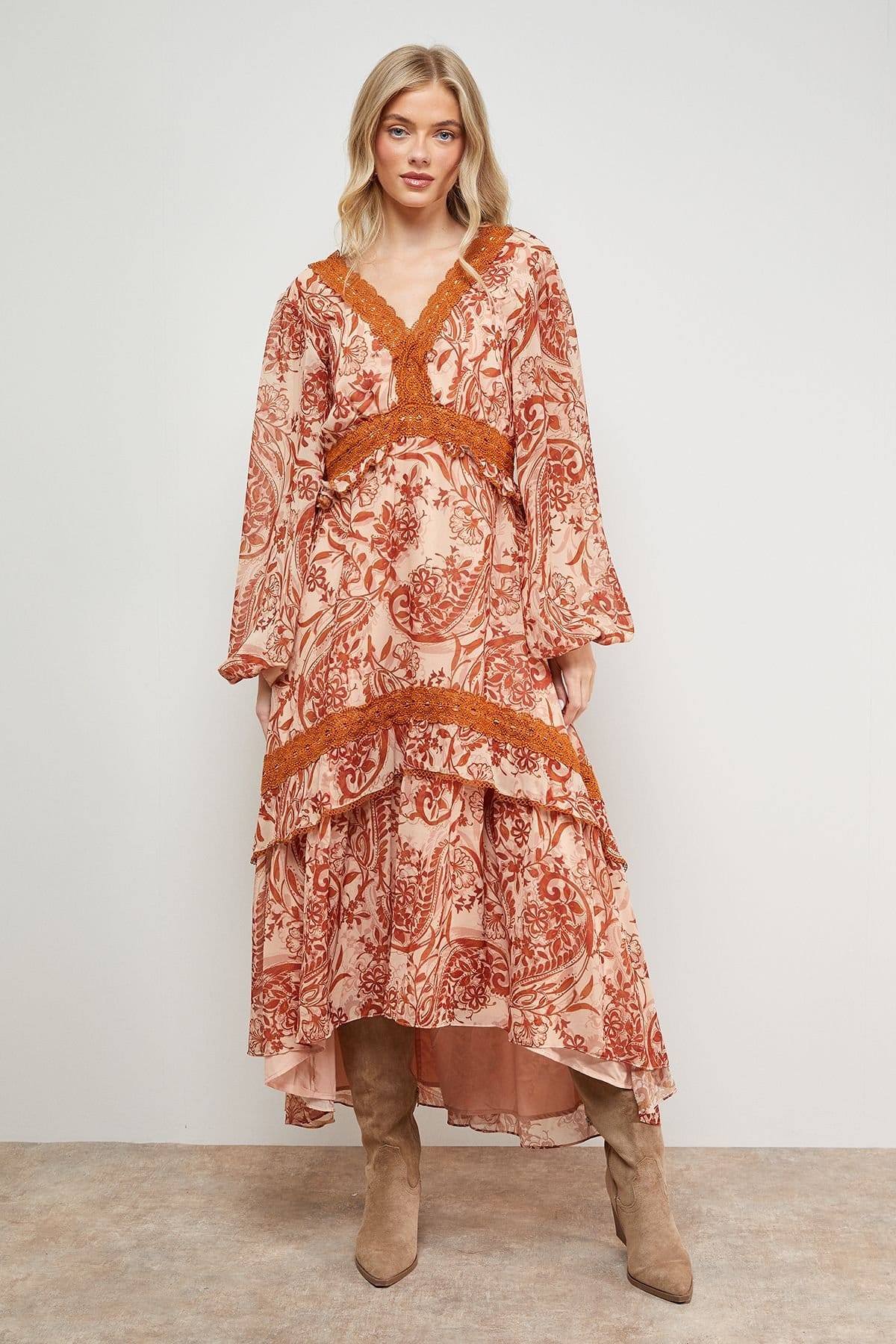 Oasis Oasis Women's Printed Lace Detail Volume Boho Maxi Dress in Floral - 4