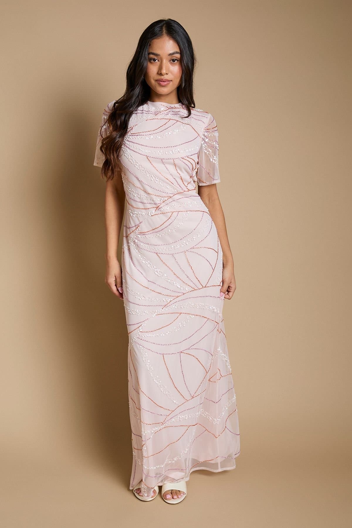 Oasis Oasis Women's Petite Linear Embellished Angel Sleeve Maxi Dress in Blush