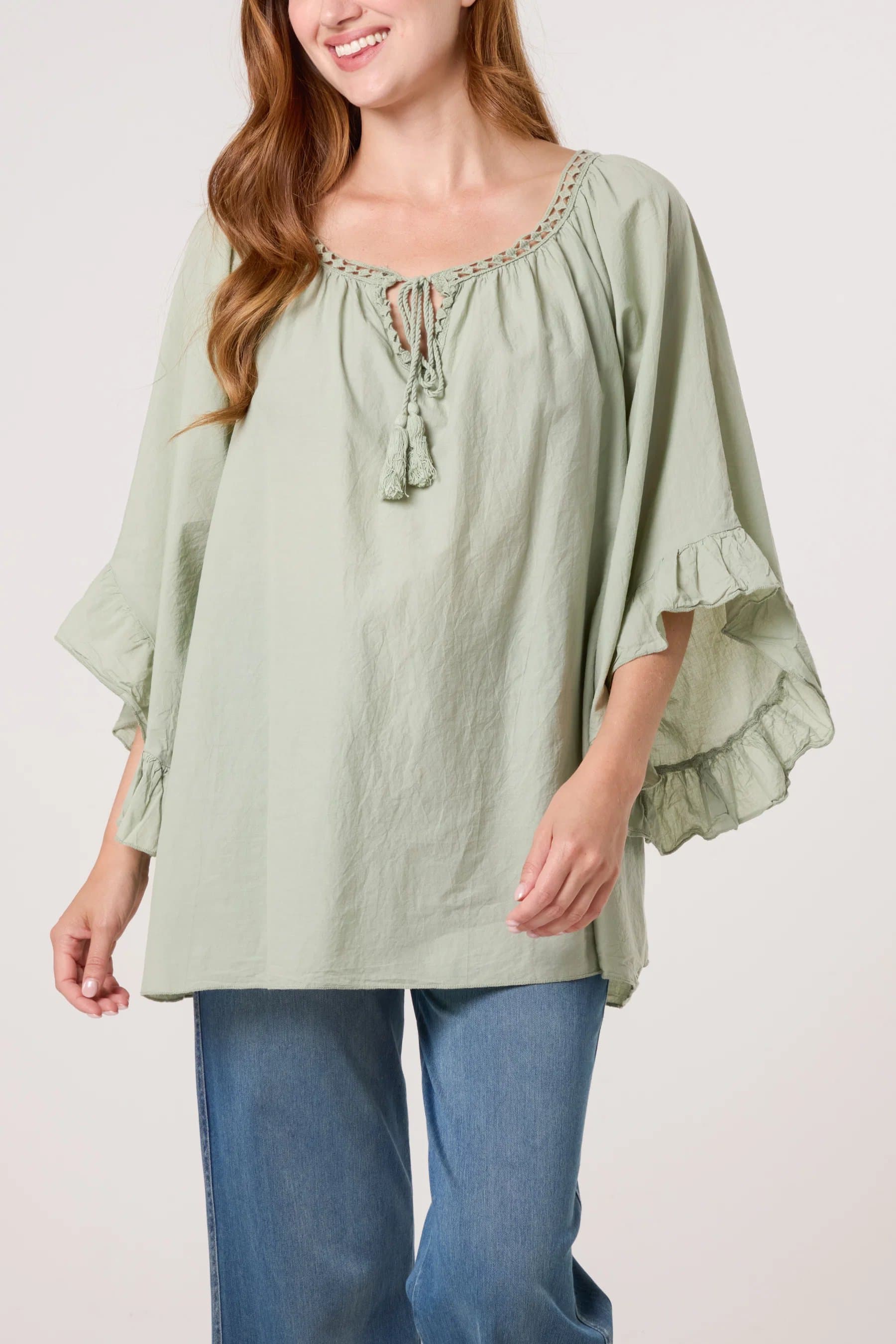 Blue Vanilla Bardot Cotton Tie Neck Top