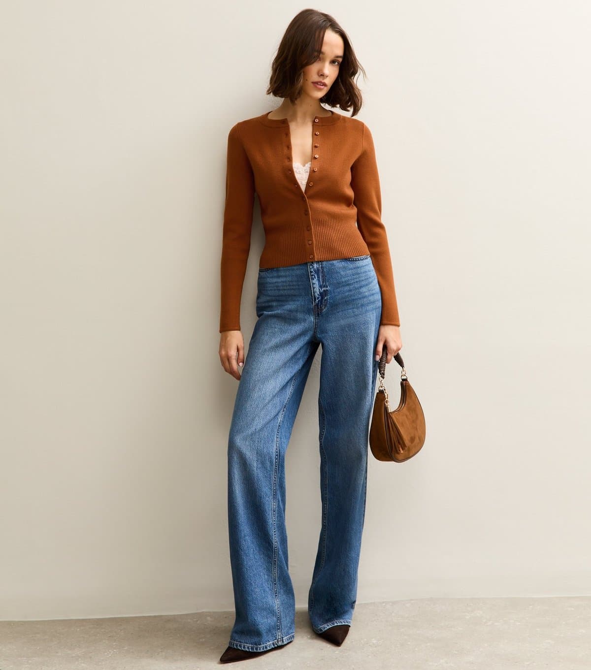 New Look Women's Tan Compact Knit Crew Neck Cardigan New Look