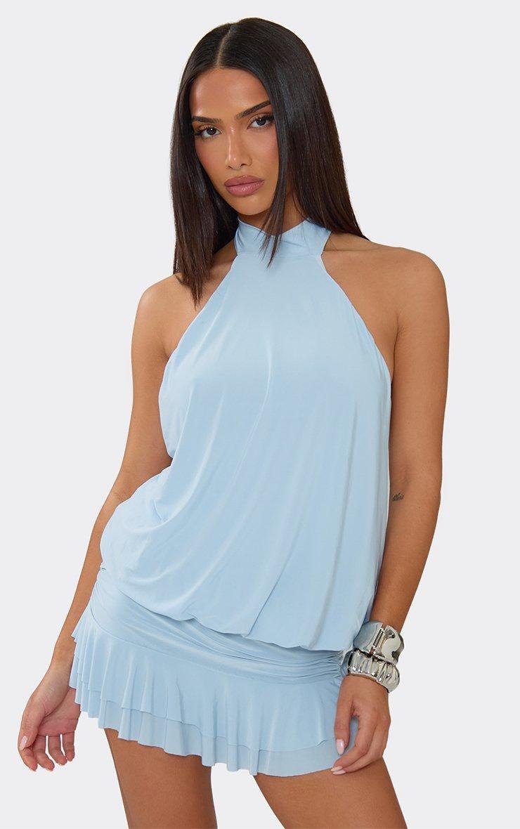 EGO High Neck Frilled Hem Blouson Mini Dress In Blue, Women's Size UK 6 - 2