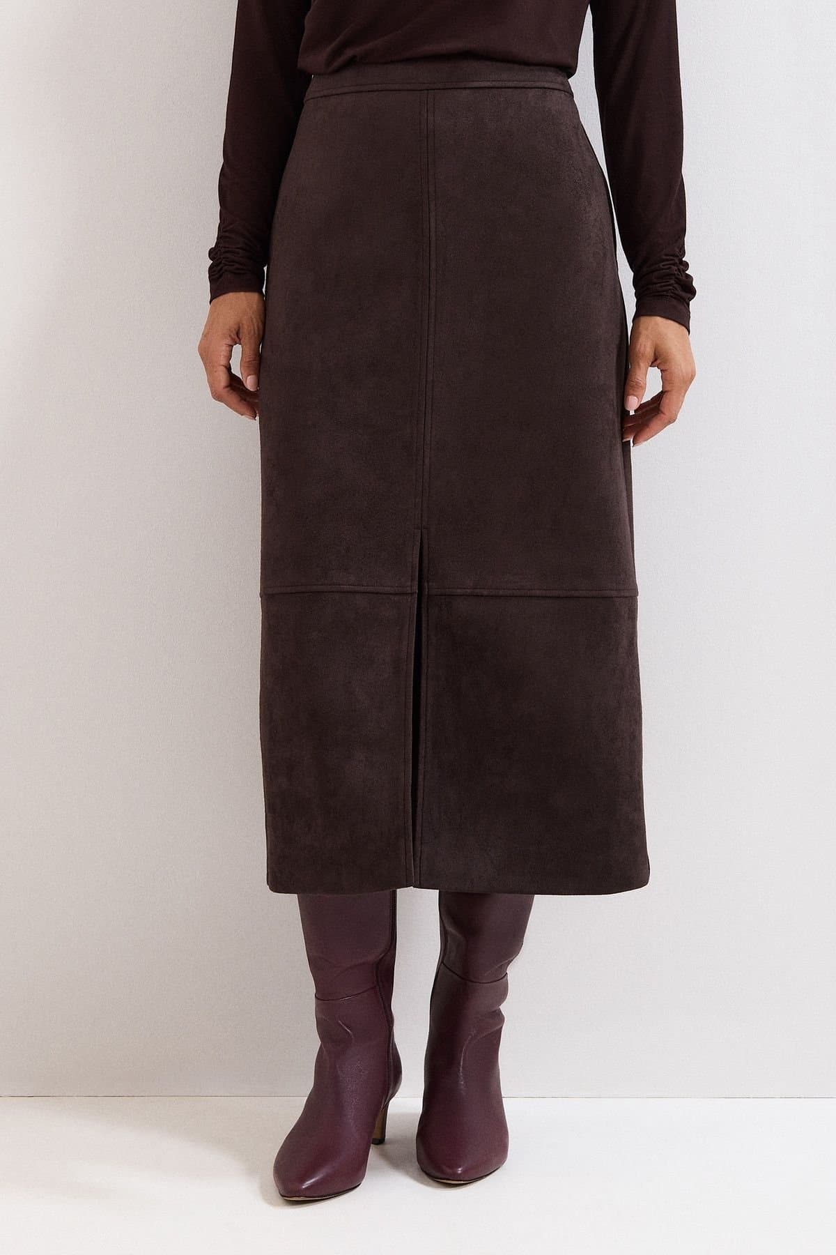 Phase Eight Phase Eight Women's Elodie Suede-Effect Midi Skirt in Dark Brown