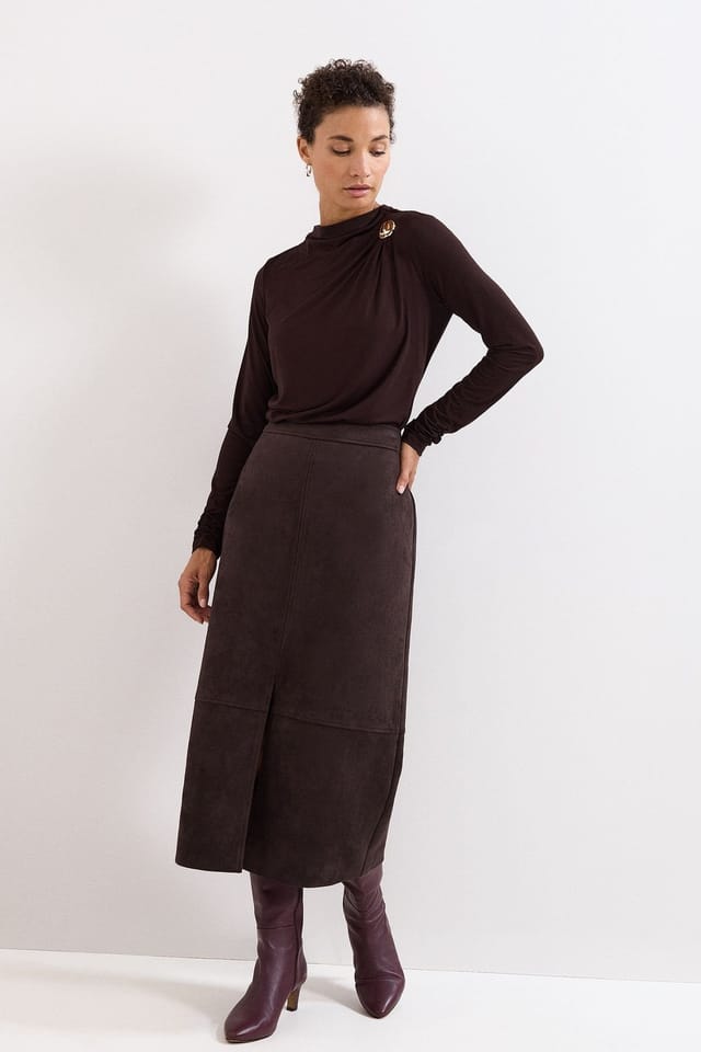 Phase Eight Phase Eight Women's Elodie Suede-Effect Midi Skirt in Dark Brown - 3