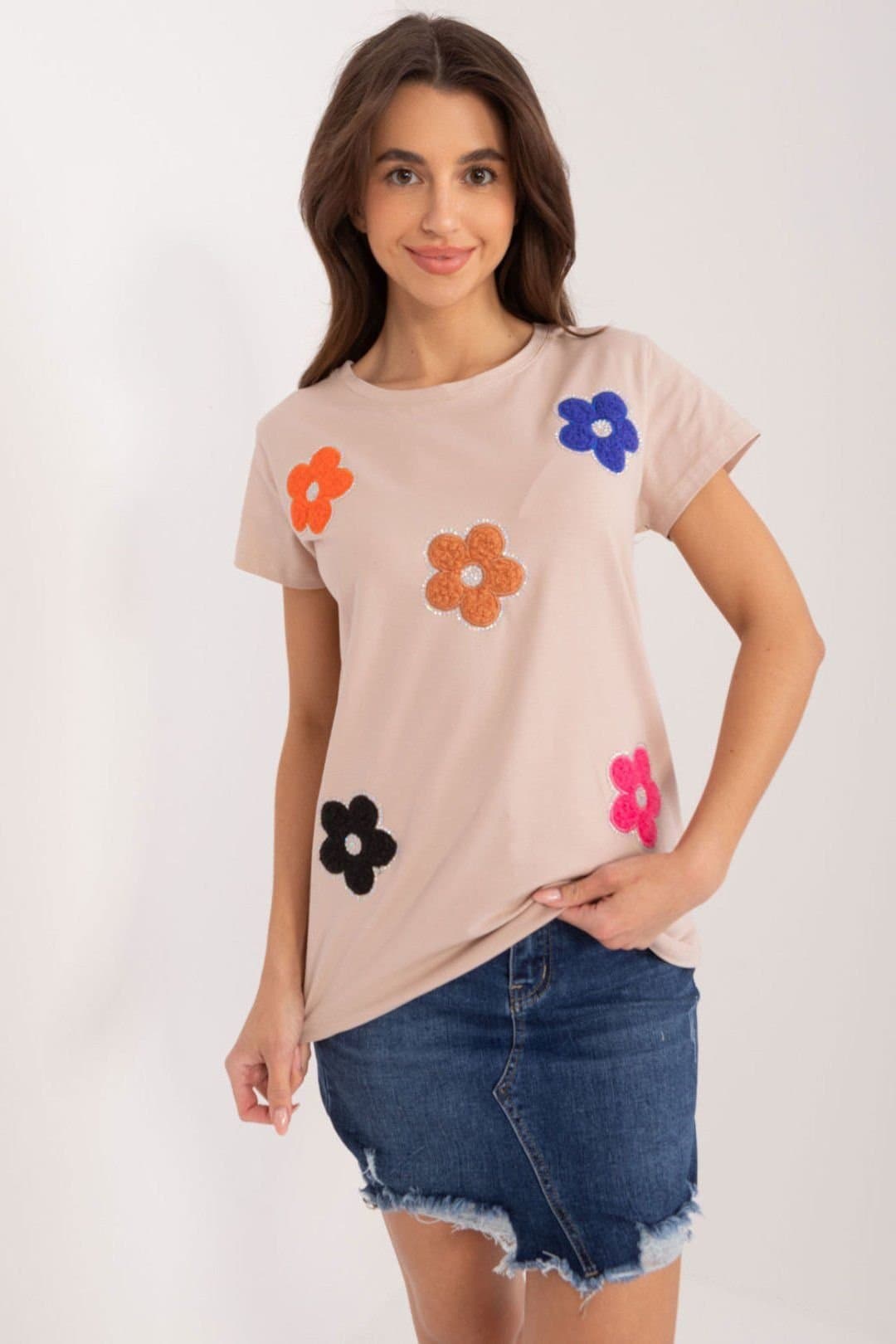 Love Lace Love Lace Beige Cotton Floral Rhinestone Blouse