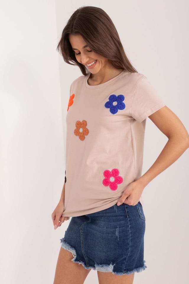 Love Lace Love Lace Women's Cotton Floral Rhinestone Short Sleeve Blouse in Beige - 2