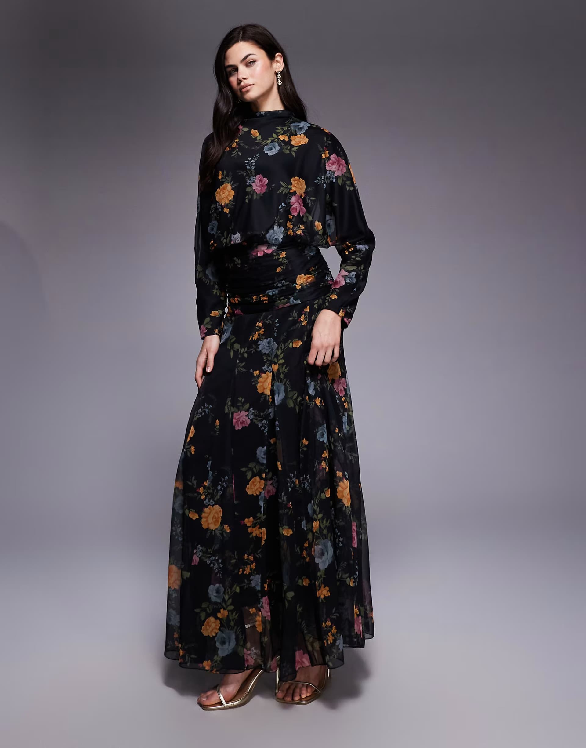 ASOS ASOS DESIGN chiffon sheered waist panel godet maxi dress in black floral
