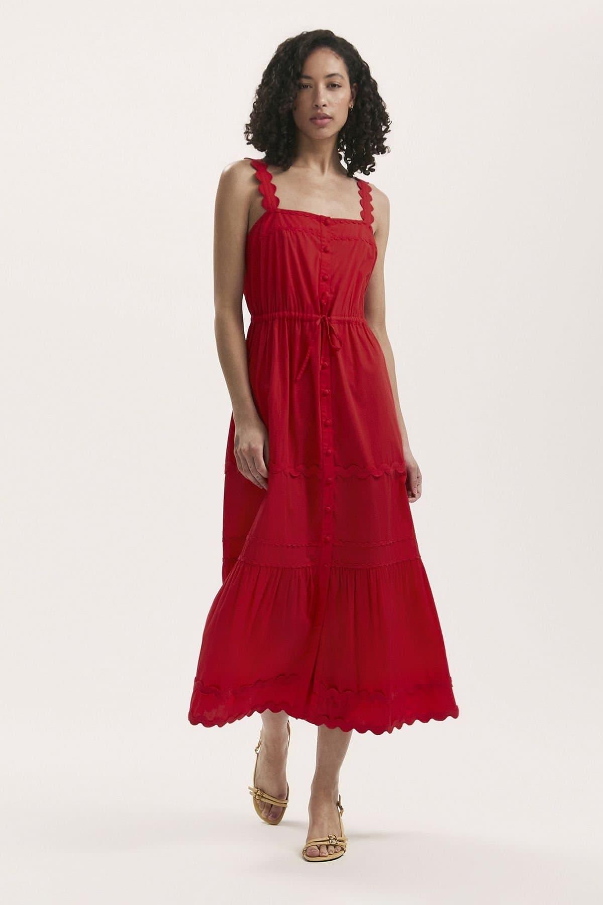 Finery London Finery London Women's Hallie Cotton Ric Rac Detail Midi Dress in Red