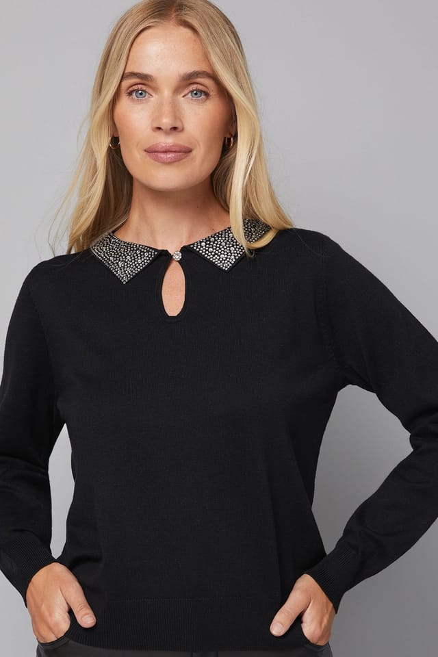 Wallis Wallis Women's Petite Embellished Collar Knitted Jumper in Black - 2