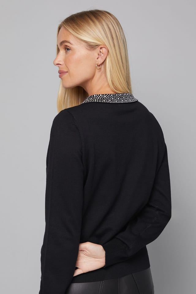 Wallis Wallis Women's Petite Embellished Collar Knitted Jumper in Black - 3
