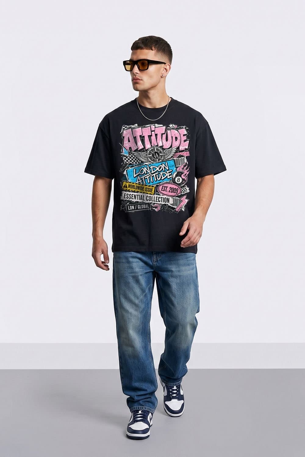 LONDON ATTITUDE LONDON ATTITUDE Men's Retro Graphic Oversized Heavyweight Streetwear T-Shirt in Black