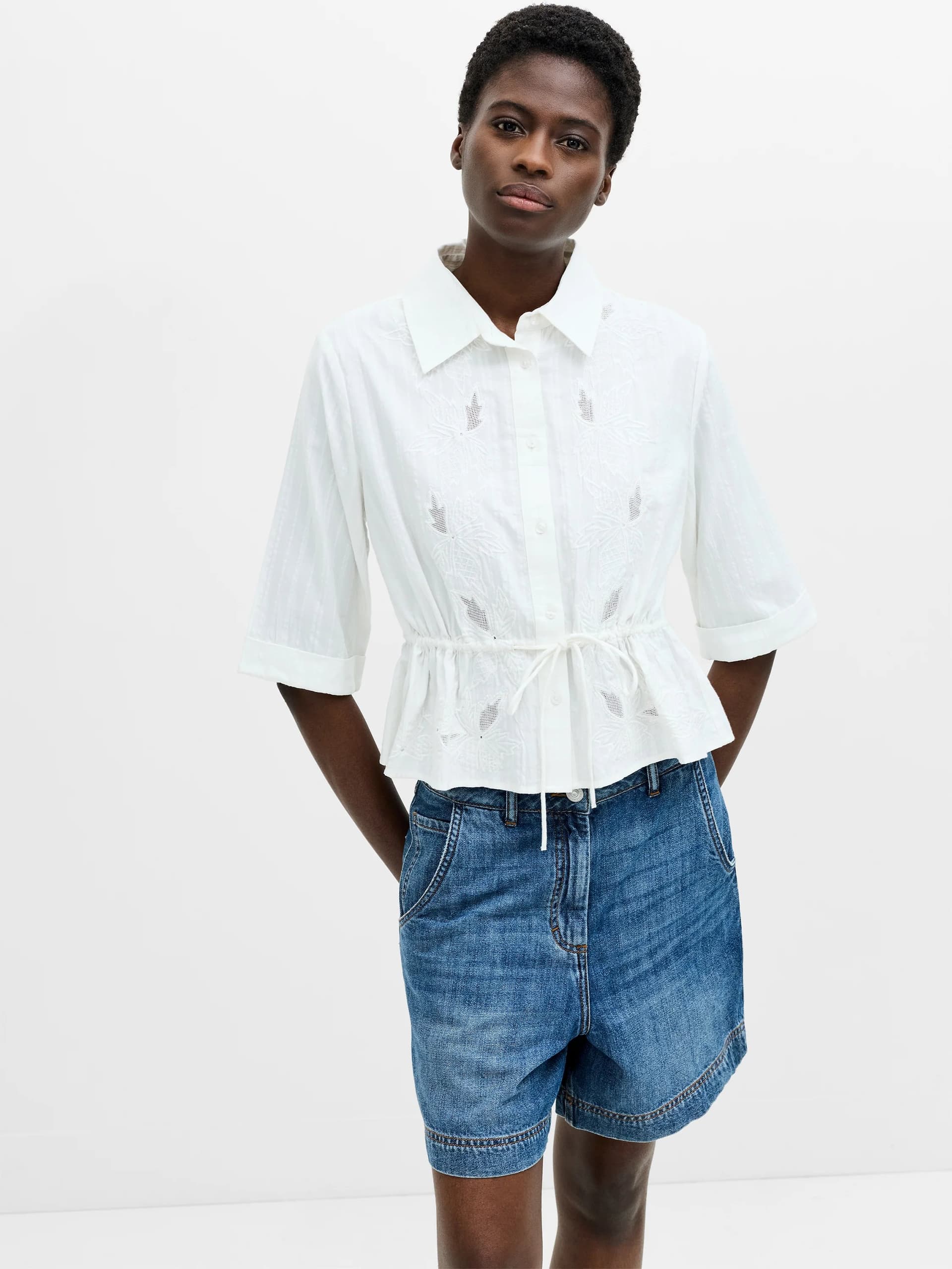 French Connection Barnet Cotton Embroidered Striped Peplum Shirt Linen White