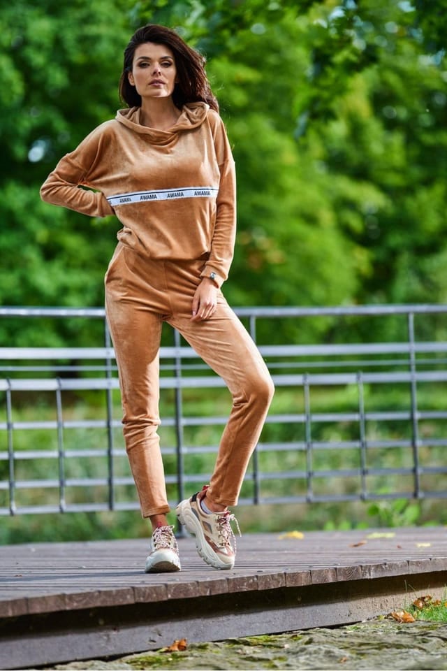 Love Lace Love Lace Women's Velour Tracksuit Trousers with Front Pockets in Tan - 2