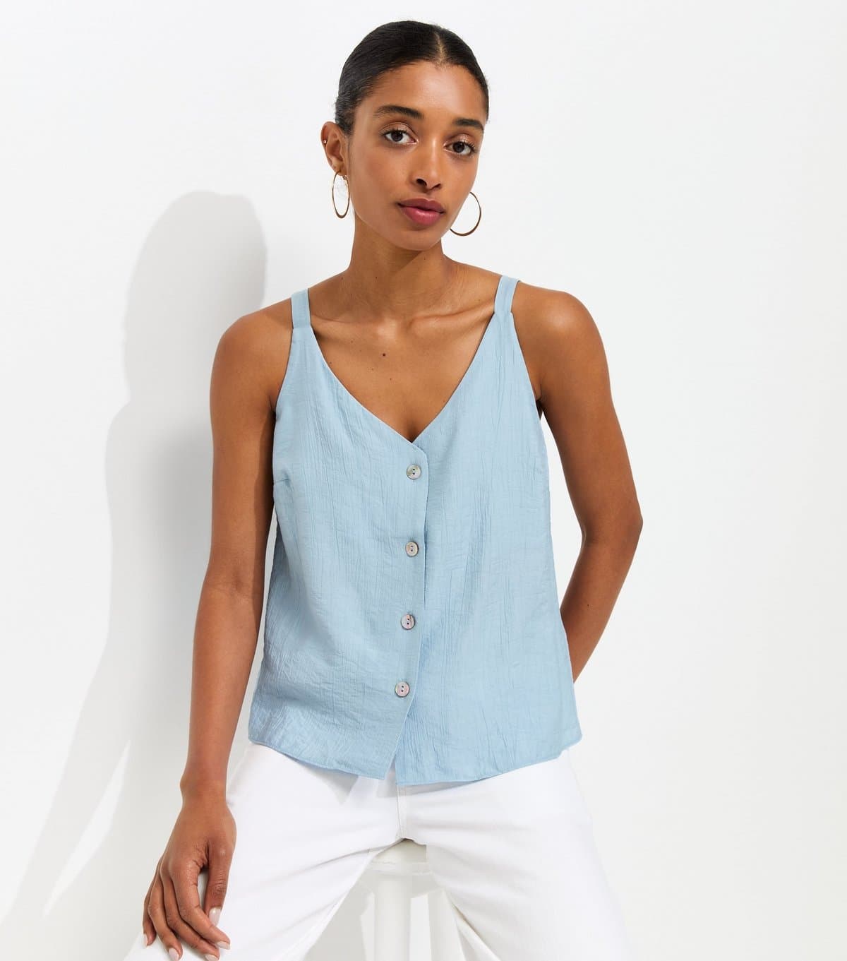 New Look Women's Light Blue Button Front V-Neck Cami Top New Look