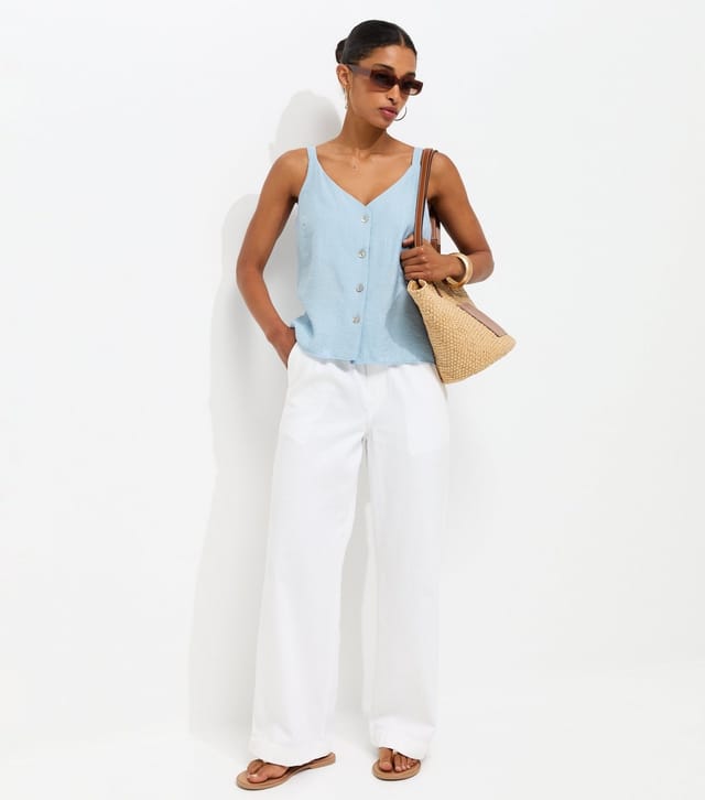 New Look Women's Light Blue Button Front V-Neck Cami Top New Look - 2