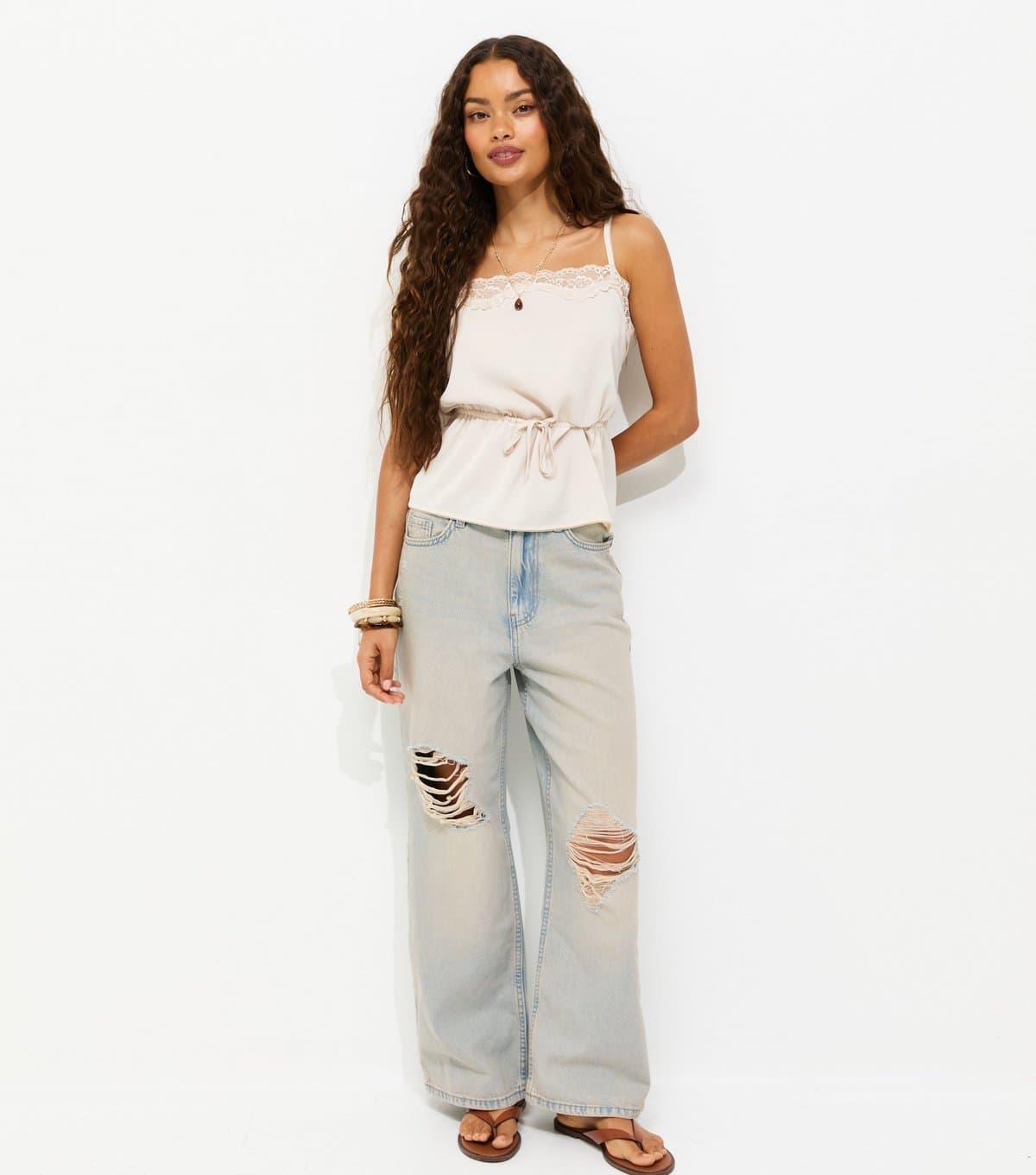 New Look Women's Petite Blue Vintage Tint High Waist Ripped Adalae Wide Leg Jeans New Look