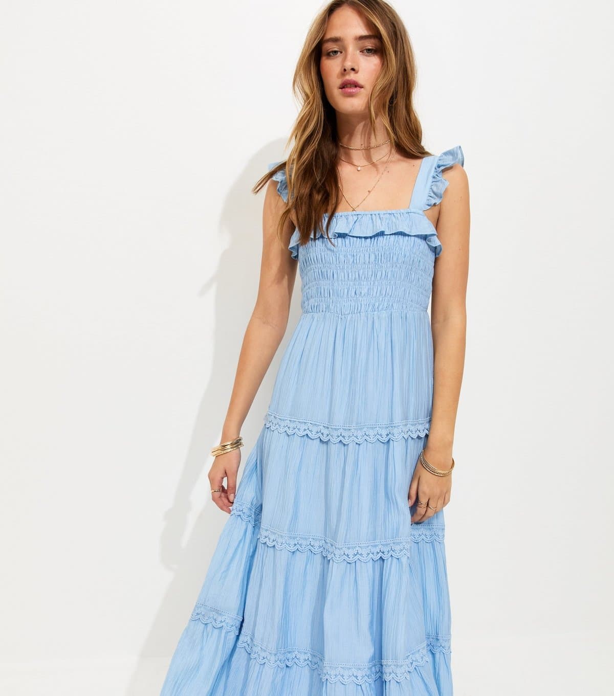 New Look Women's Light Blue Frilly Trimmed Shirred tiered Maxi Dress New Look