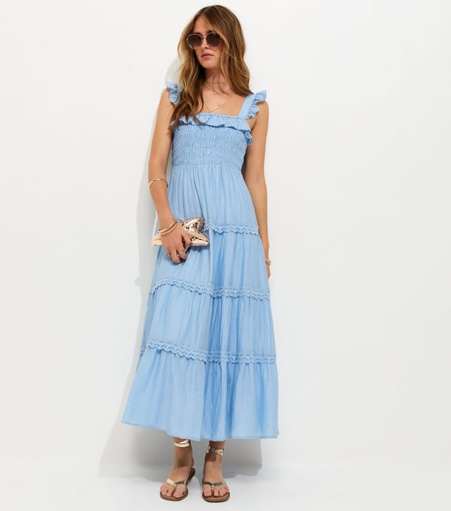 New Look Women's Light Blue Frilly Trimmed Shirred tiered Maxi Dress New Look - 3