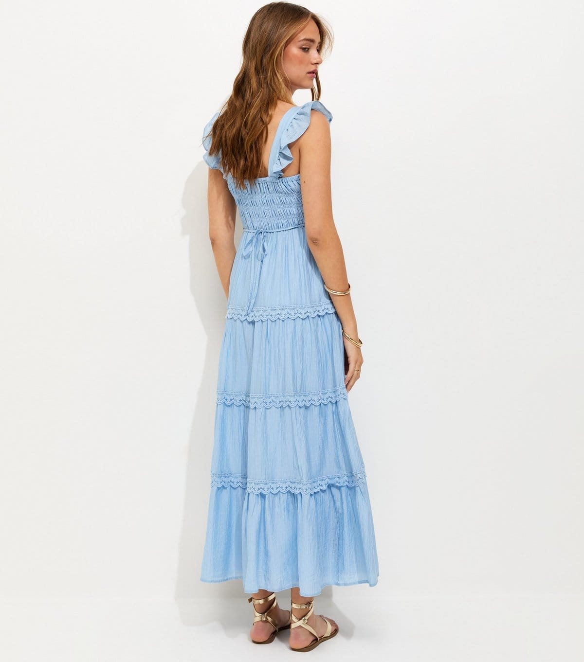 New Look Women's Light Blue Frilly Trimmed Shirred tiered Maxi Dress New Look - 4