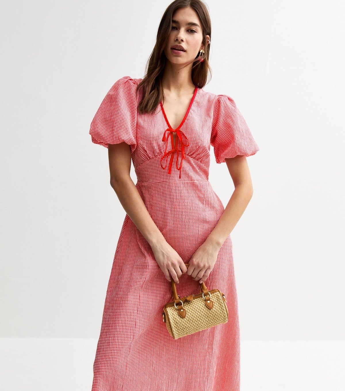 New Look Women's Red Gingham Check Tie Neck Midi Dress New Look