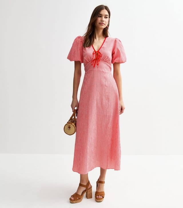 New Look Women's Red Gingham Check Tie Neck Midi Dress New Look - 3