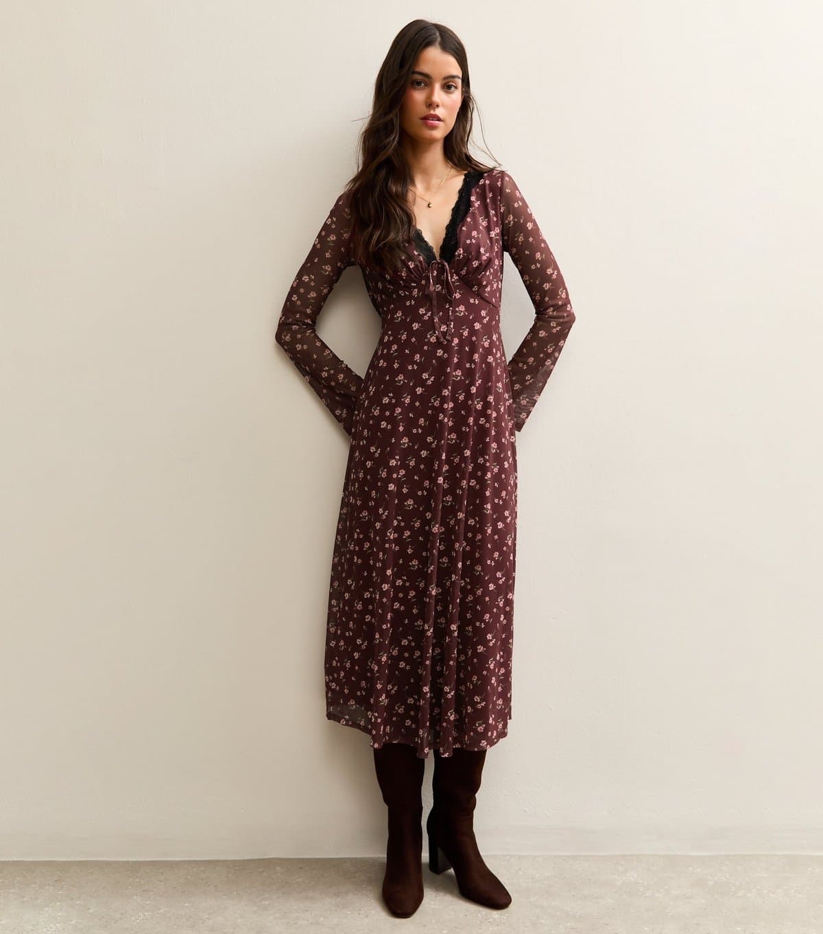 New Look Women's Brown Ditsy Print Long Sleeve Lace Mesh Midi Dress New Look