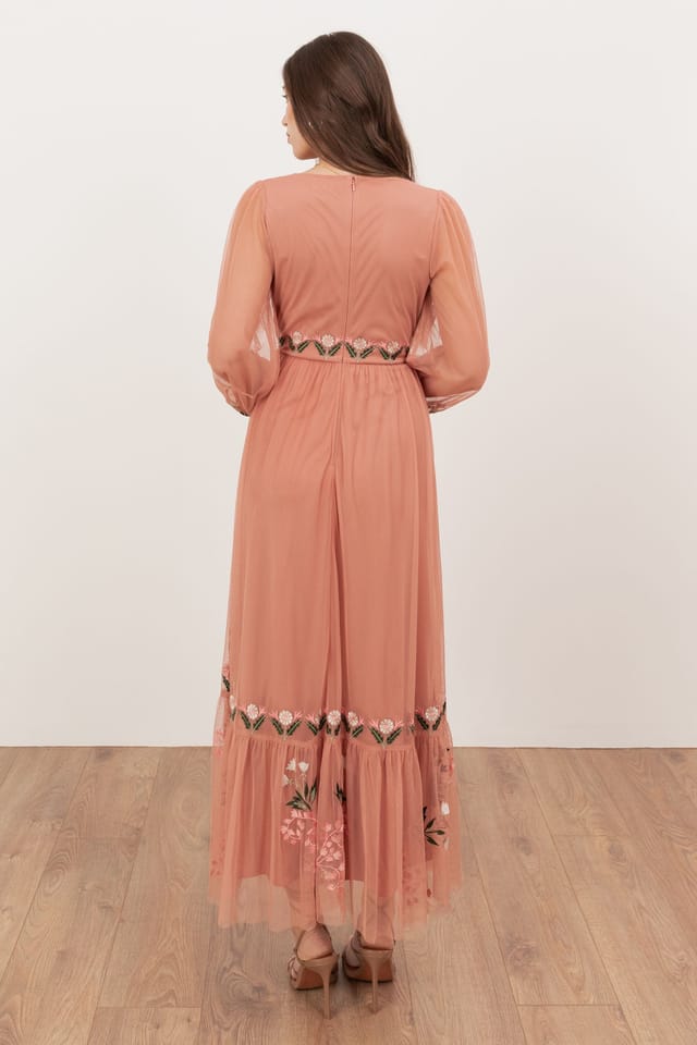 Maya Deluxe Maya Deluxe Women's Embroidered Faux Wrap Long Sleeve Midaxi Dress in Pink - 2