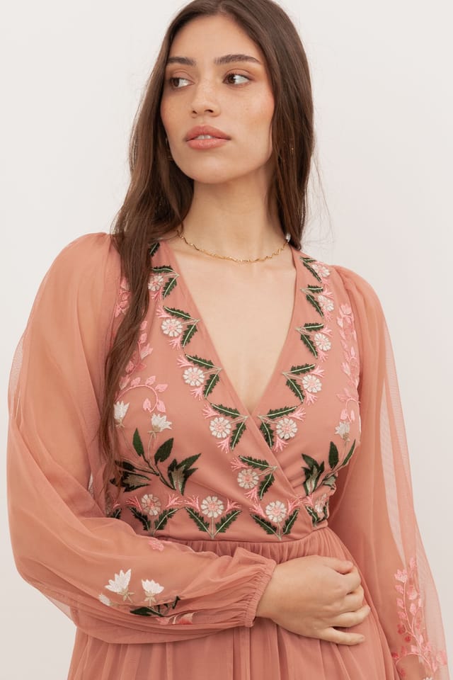 Maya Deluxe Maya Deluxe Women's Embroidered Faux Wrap Long Sleeve Midaxi Dress in Pink - 3