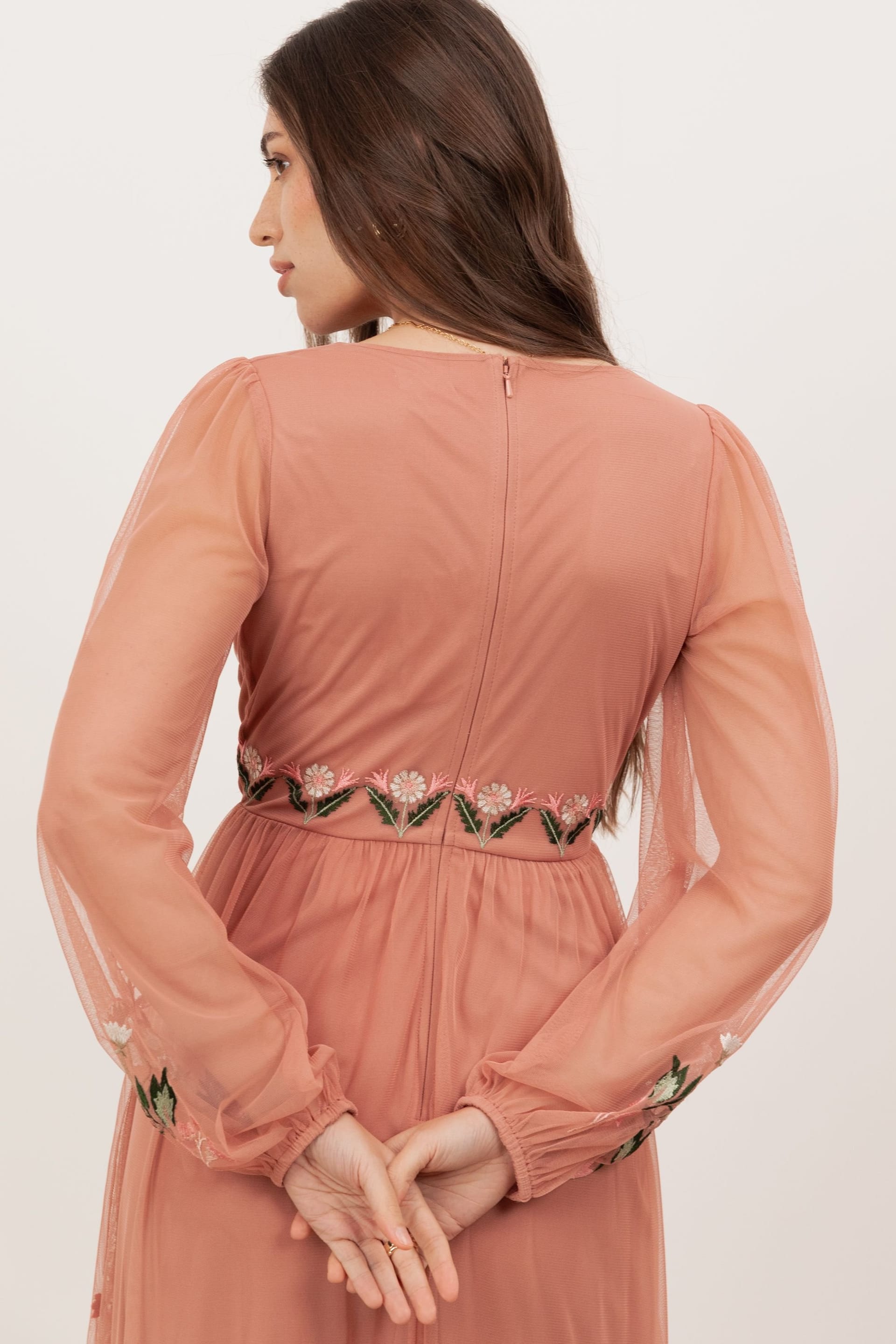 Maya Deluxe Maya Deluxe Women's Embroidered Faux Wrap Long Sleeve Midaxi Dress in Pink - 4