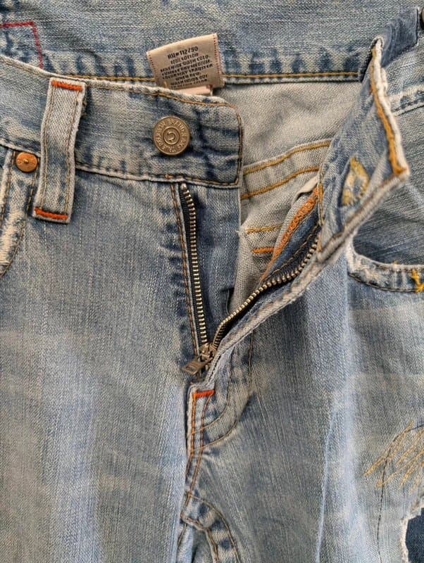 True Religion True Religion Jeans Mens 34W 33L Blue Denim Distressed Patch Joey Flared USA Baggy Y2K
