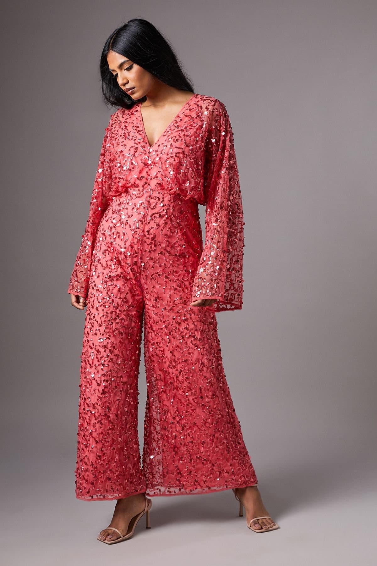 Coast Coast Women's Petite Sequin Batwing Jumpsuit in Blush