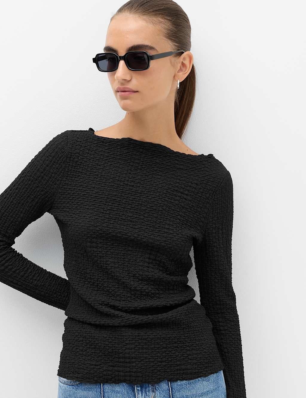 Marks & Spencer M&S Slash Neck Textured Long Sleeve Top Black