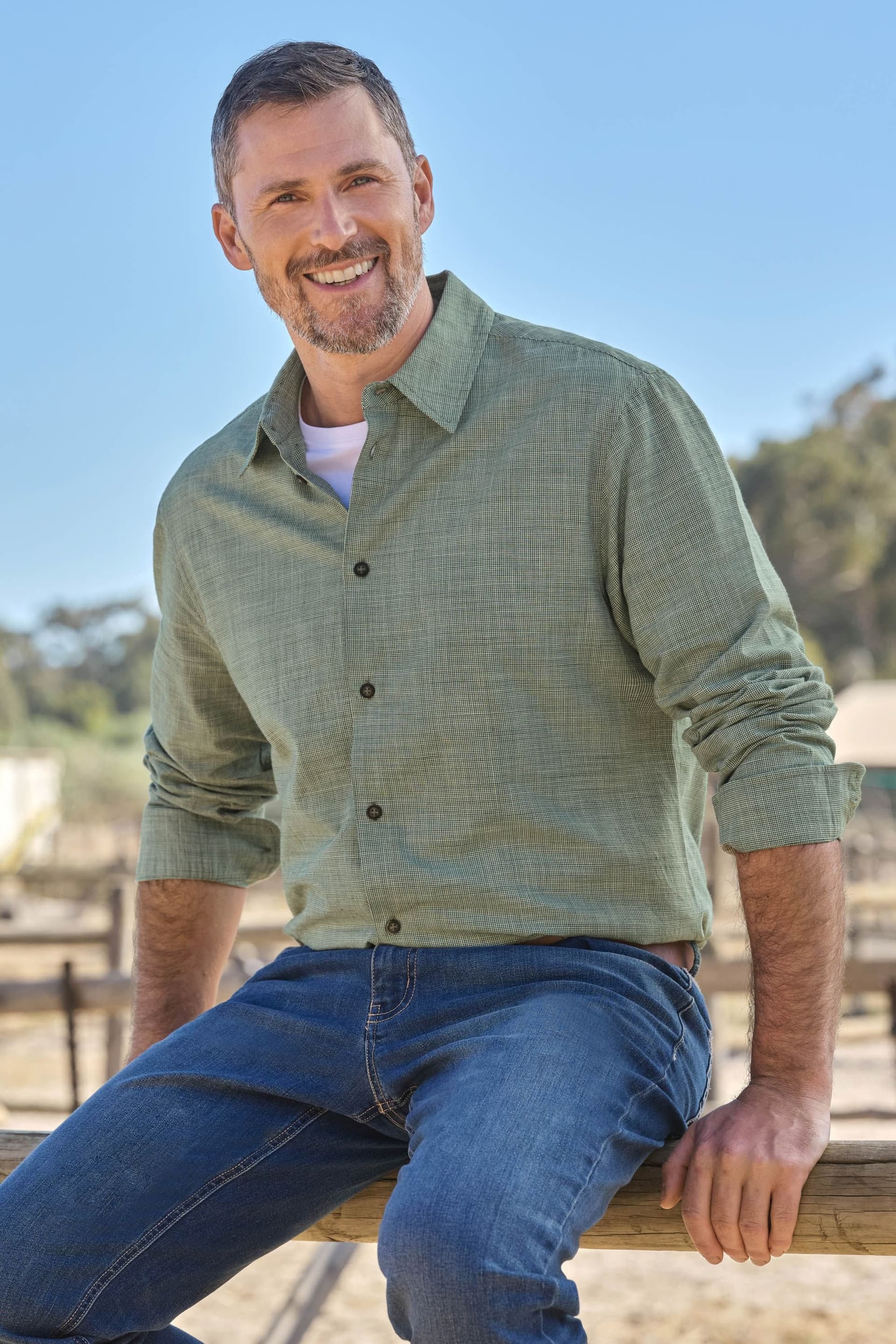 WoolOvers WoolOvers Men's Textured Stripe Long Sleeve Shirt in Green