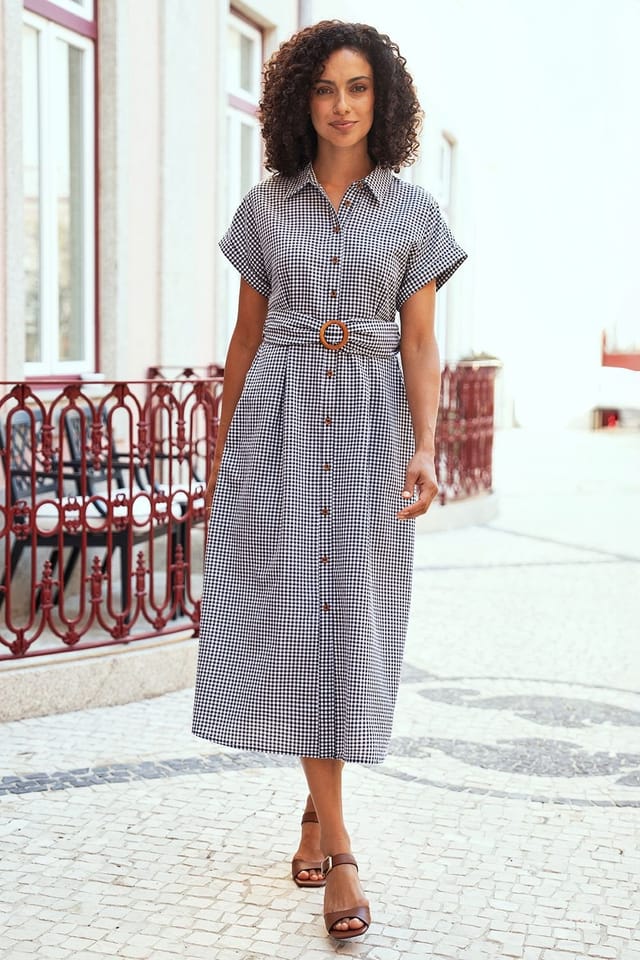 Yumi Yumi Women's Black & White Gingham Relaxed Shirt Dress With Matching Belt - 2