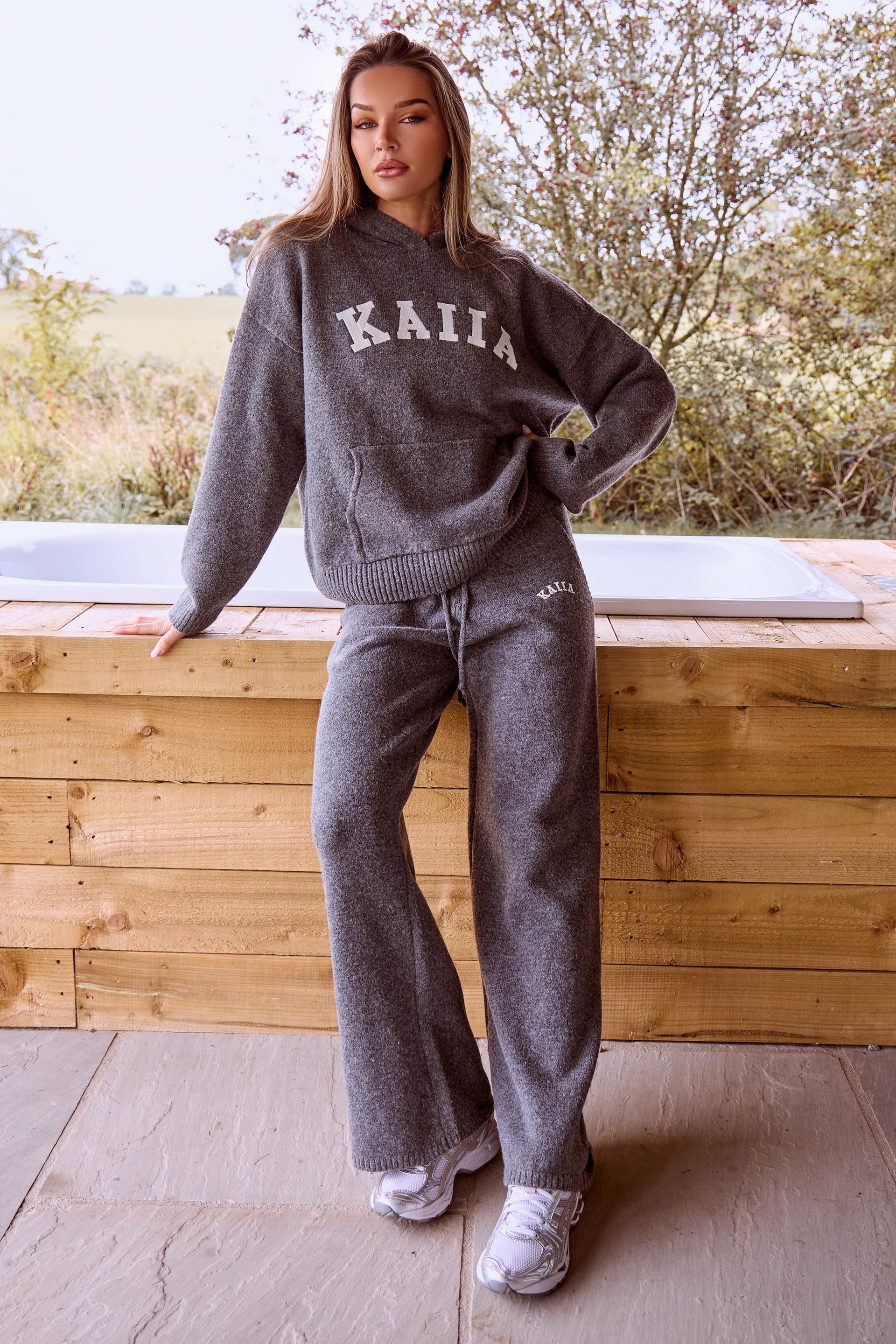 Kaiia Kaiia Logo Knit Wide Leg Trousers Charcoal
