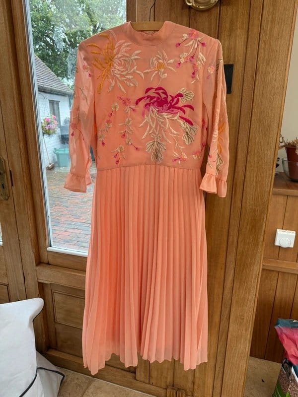 ASOS Asos pink apricot peach pleated embroidered flower dress 10 - 1
