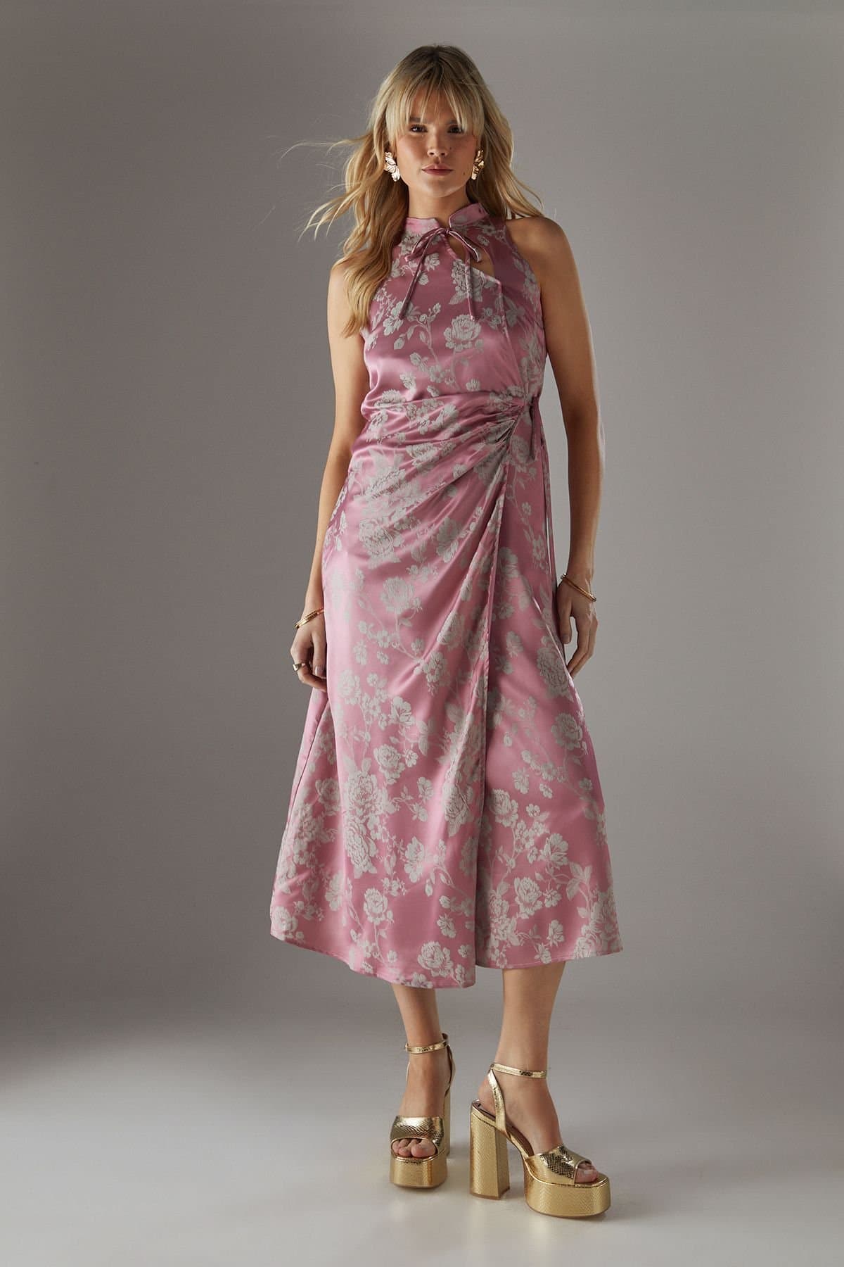 Warehouse Warehouse Women's Satin Jacquard Tie Racer Wrap Midi Dress in Green