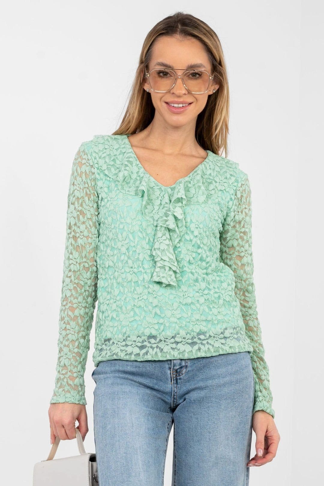 Love Lace Green Lace Jabot Blouse for Formal Wear