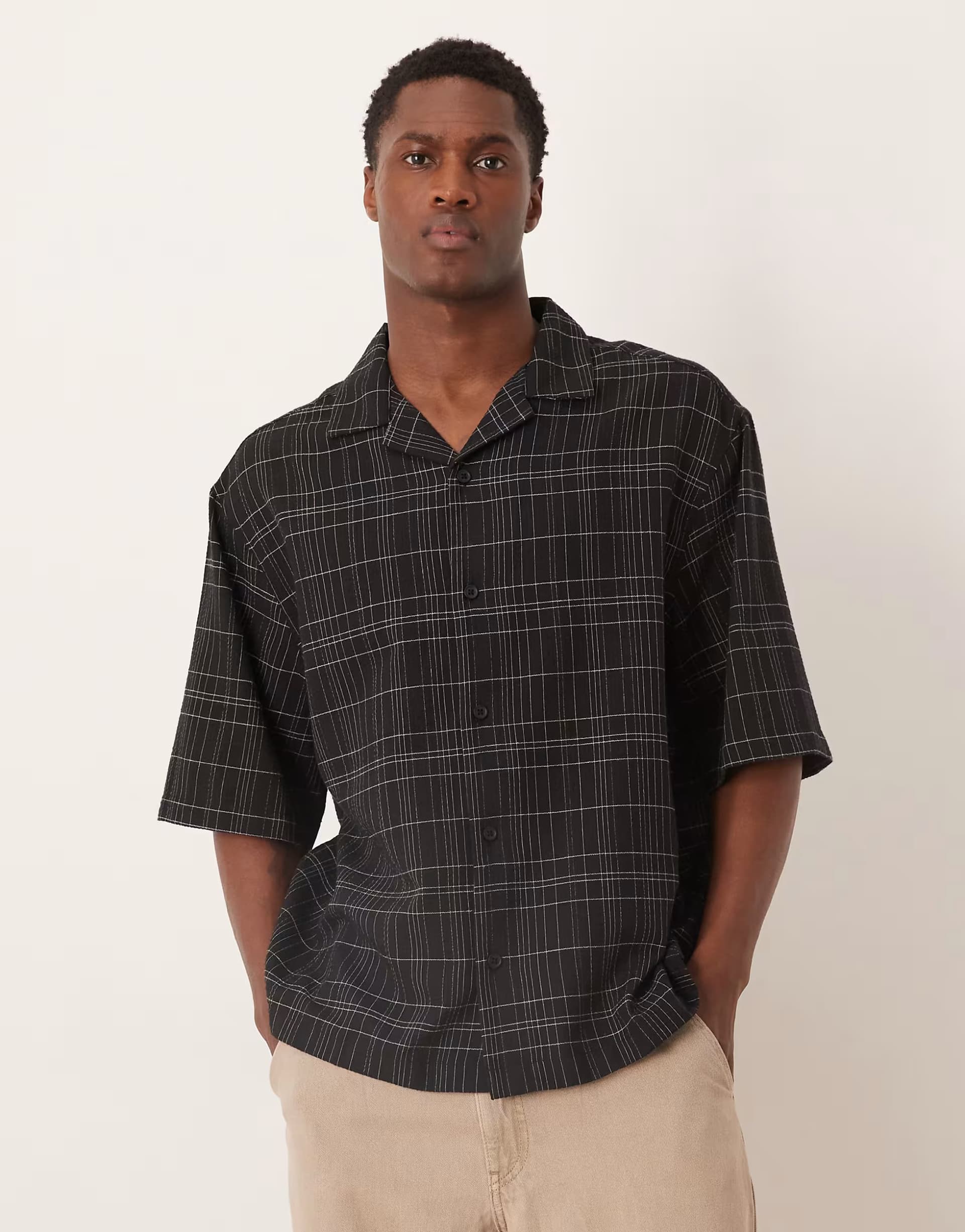 ASOS ASOS DESIGN oversized seersucker check shirt in black