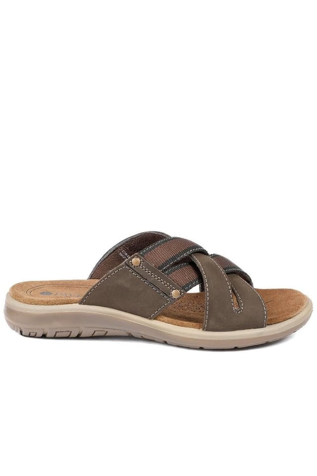 Pavers Pavers Men's Leather Cross Strap Slip On Sandals in Brown - 2